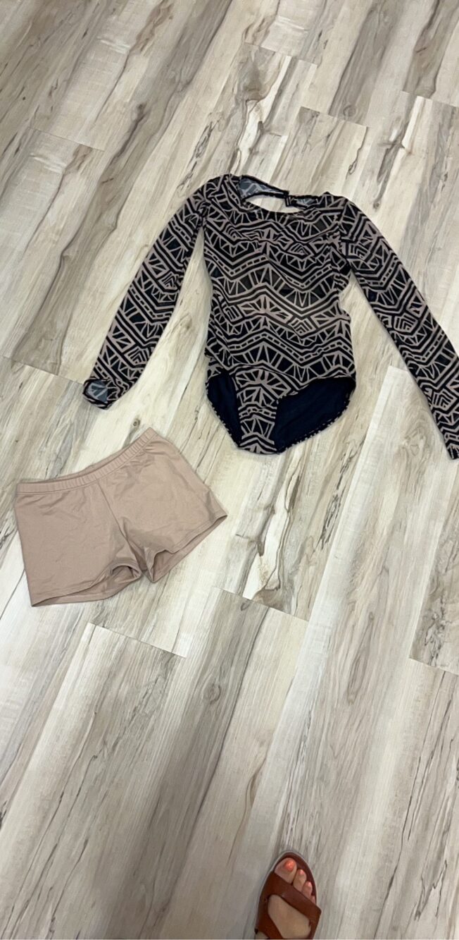 Body Wrappers Black & Brown Patterned Mesh Panel Leotard Medium with Nude Dance